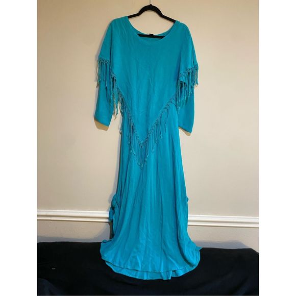 Shangrila V-Fringe Dress Moroccan Cotton Turquoise Blue Western, Size Medium - Picture 1 of 10